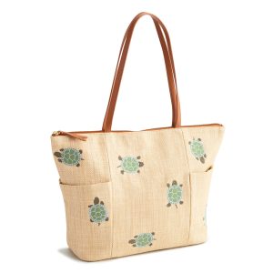 Fairhill Tote Turtles in Woven faux straw