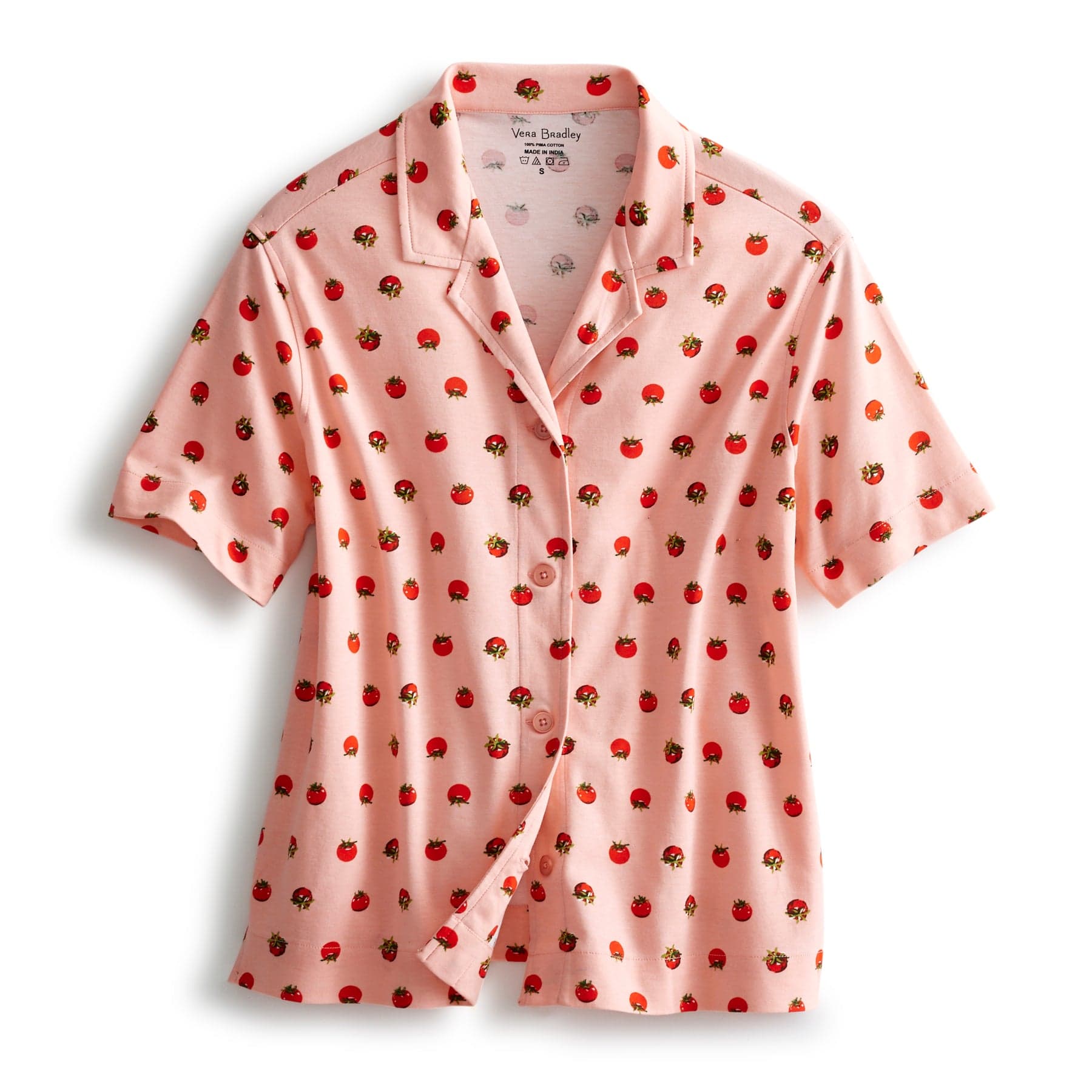 Short-Sleeved Button-Down Pajama Top Tiny tomatoes coral in Cotton