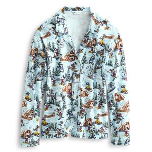 Disney Long-Sleeved Button-Down Pajama Top Ski weekend mickey and friends in Cotton