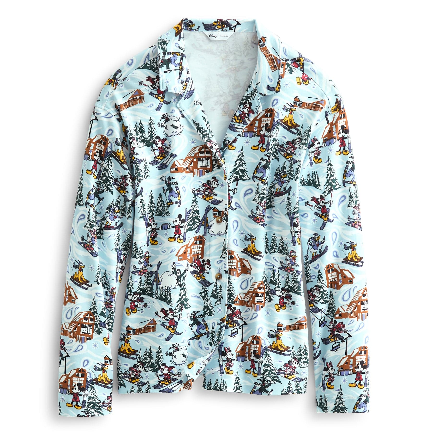 Disney Long-Sleeved Button-Down Pajama Top Ski weekend mickey and friends in Cotton