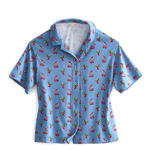 Short-Sleeved Button-Down Pajama Top Cherry picking in Cotton